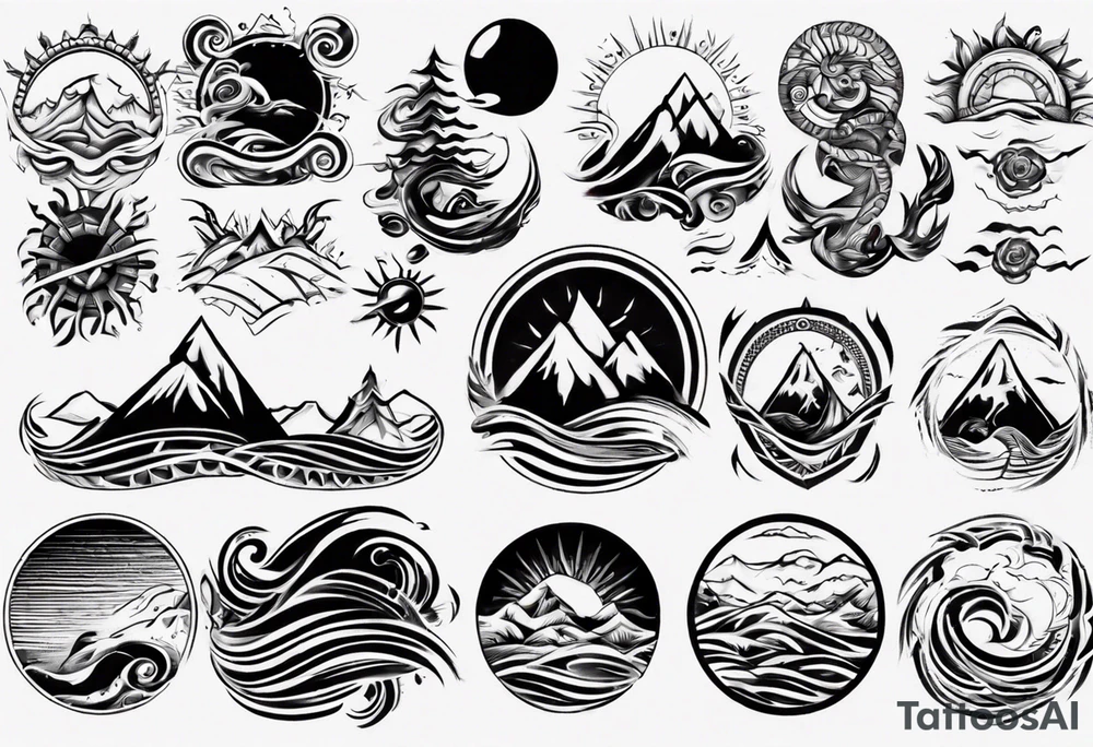 sleeve, mountains, waves, sun tattoo idea