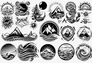 sleeve, mountains, waves, sun tattoo idea