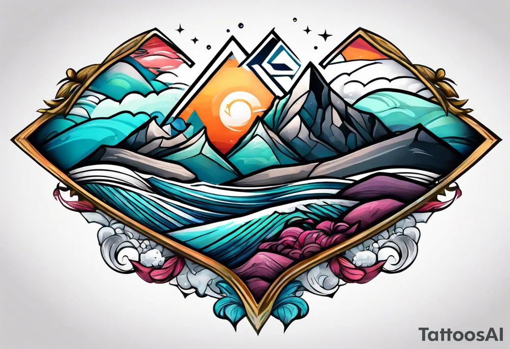 Mountains and ocean waves  crashing diamond shape tattoo idea
