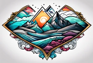 Mountains and ocean waves  crashing diamond shape tattoo idea