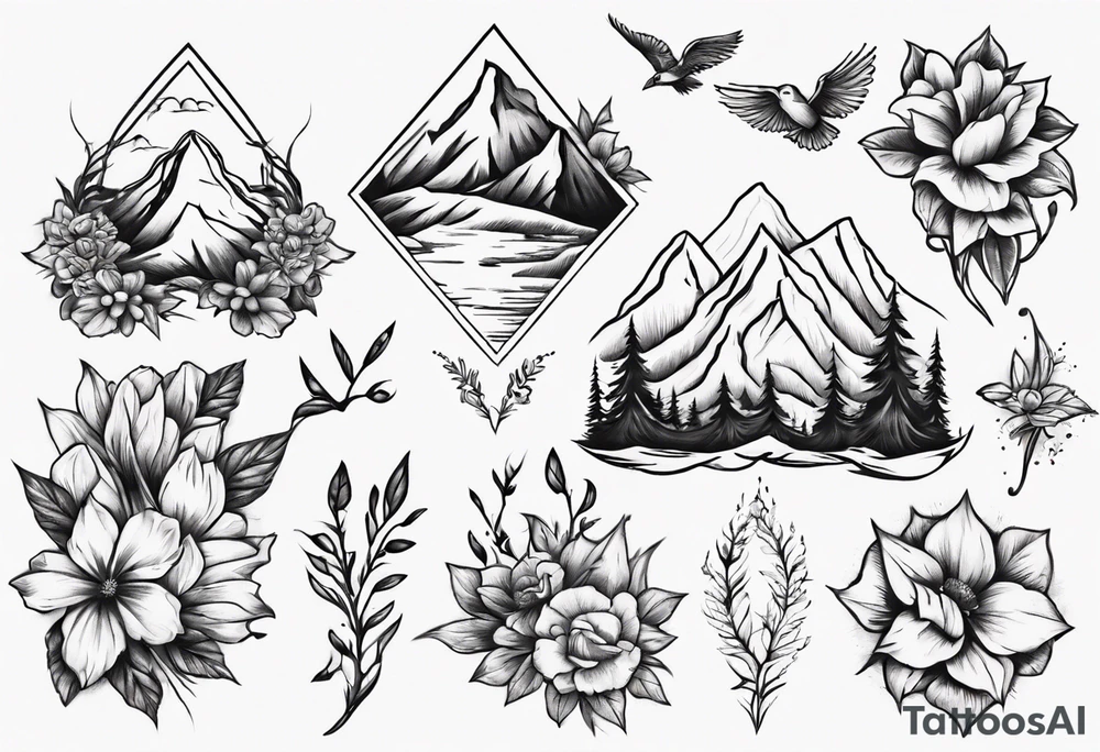 moutains and floral tattoo idea