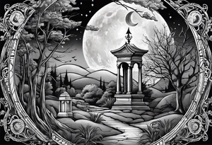 graveyard with moon and sundial tattoo idea