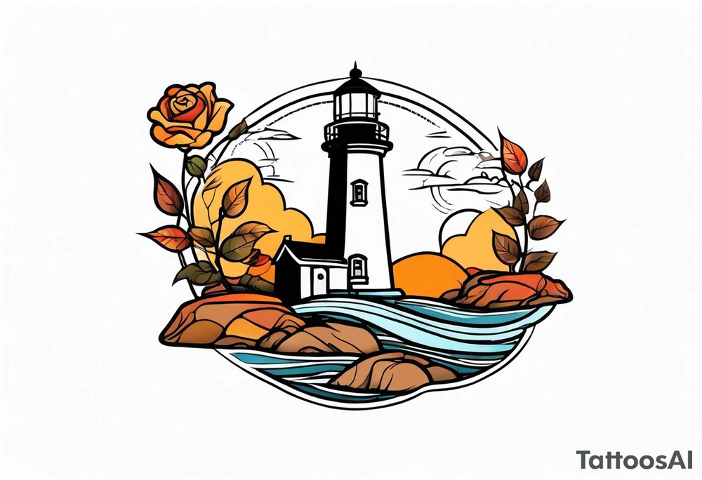 thigh tattoo in fall colors, showing lighthouse, water flow around rocks, sky, clouds, leaves, roses tattoo idea
