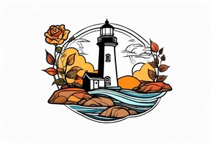 thigh tattoo in fall colors, showing lighthouse, water flow around rocks, sky, clouds, leaves, roses tattoo idea