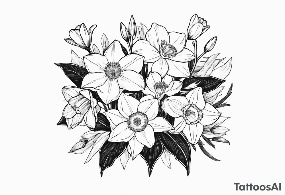 Dainty Bouquet Held together with a bow:
DAFFODIL
JONQUIL
ASTER
MORNING GLORY tattoo idea