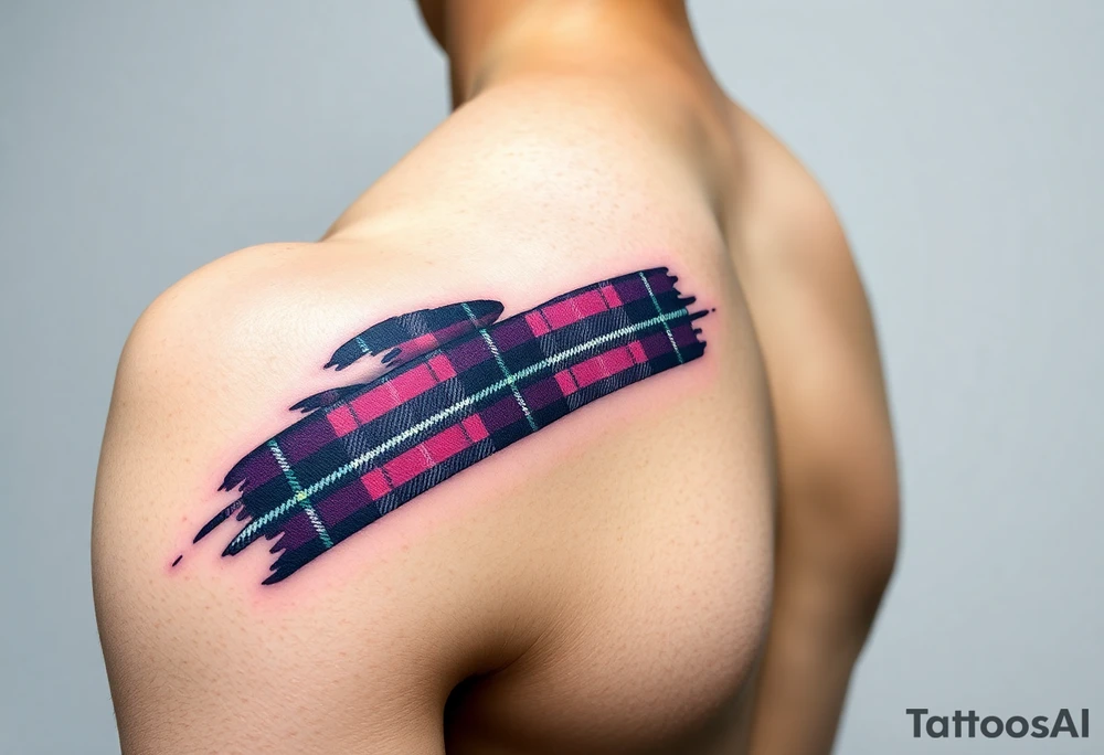 Side of arm Dark Purple with green pink blue and white highlights tartan fabric with skin peeling away at edges tattoo idea
