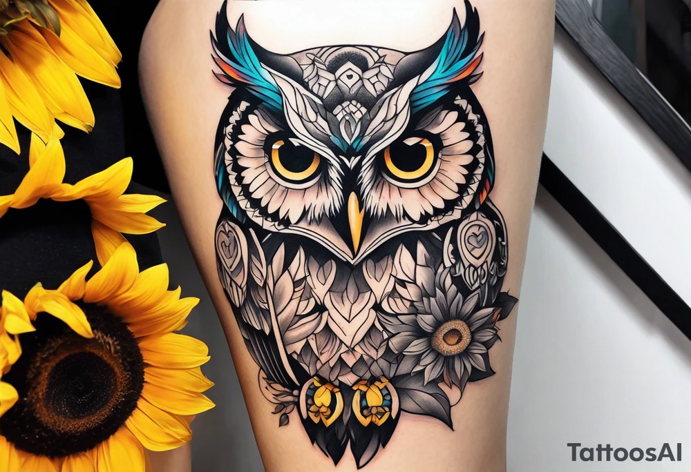 Leg sleeve with colorful sunflowers and an owl tattoo idea