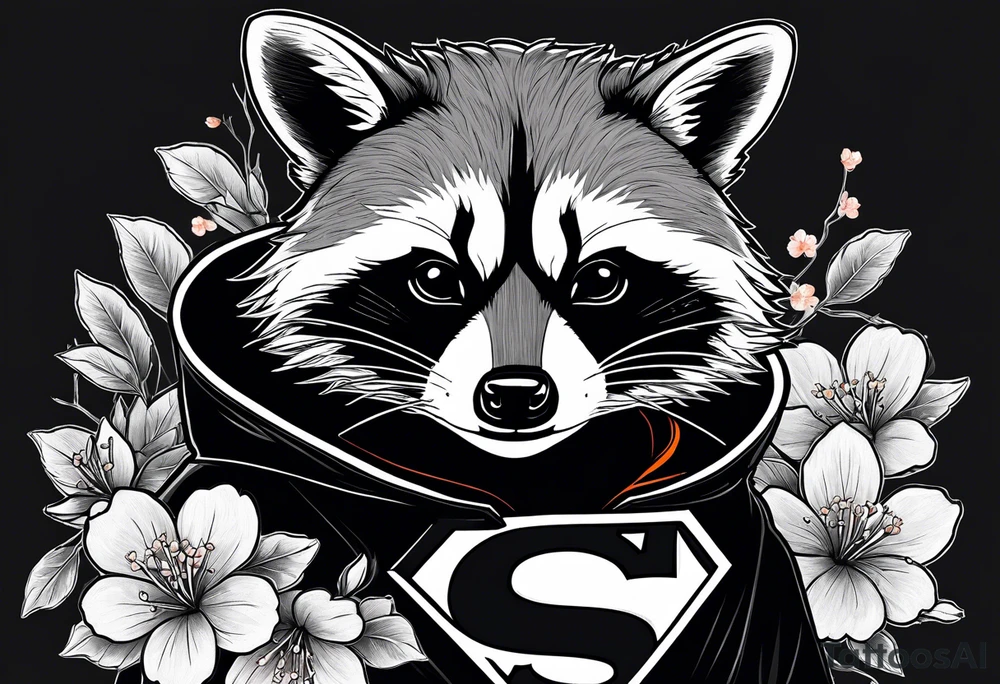 Raccoon wearing a white Superman logo on a black hoodie and orange Japanese cherry blossoms tattoo idea