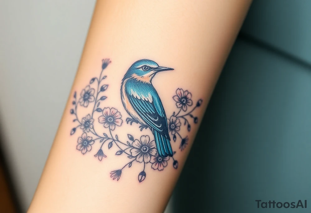 powerful majestic bluebird surrounded by wild flowers tattoo idea