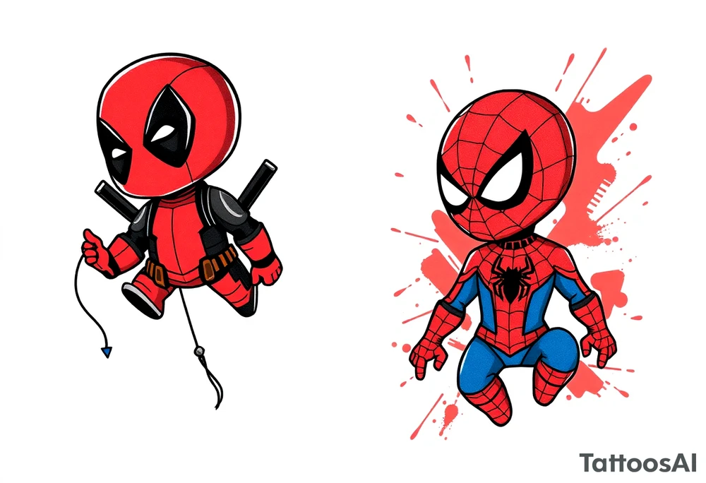 Project: Upper Arm Half-Sleeve Tattoo (Chibi Marvel Duo)
Placement: Upper Arm (Shoulder cap down to just above the elbow)
Reference Images: Chibi Deadpool (Image 1) and Chibi Spider-Man (Image 2)
Design Request & Layout:
* Please stack the characters dynamically to fit my upper arm. I'd like Deadpool positioned near the top/shoulder cap, and Spider-Man sitting near the bottom/above the elbow.
* Use the dangling spider and its web thread, along with loose, energetic construction lines, to transition between the two characters and wrap the design around the arm.
Art & Color Style:
* Linework: Please harmonize both characters into a singular, unified style—blending Deadpool's clean comic ink lines with Spider-Man's raw, cross-hatched sketchbook aesthetic.
* Color: The base of the tattoo should be gritty black-and-grey sketch shading. However, I want vibrant pops of red on their suits.
* The Splatter Effect: Instead of keeping the red cleanly inside the lines, please style the red color as a loose, dynamic watercolor/ink splatter effect that bursts out past their outlines and fades into the negative skin space. tattoo idea