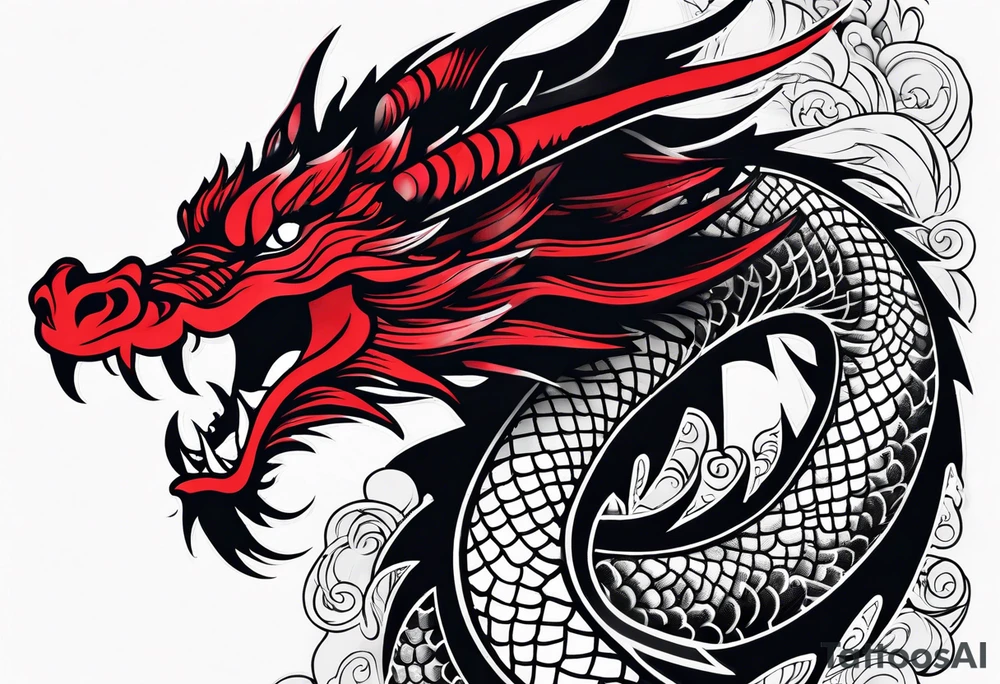 dragon irezumi arm sleeve in black and red tattoo idea