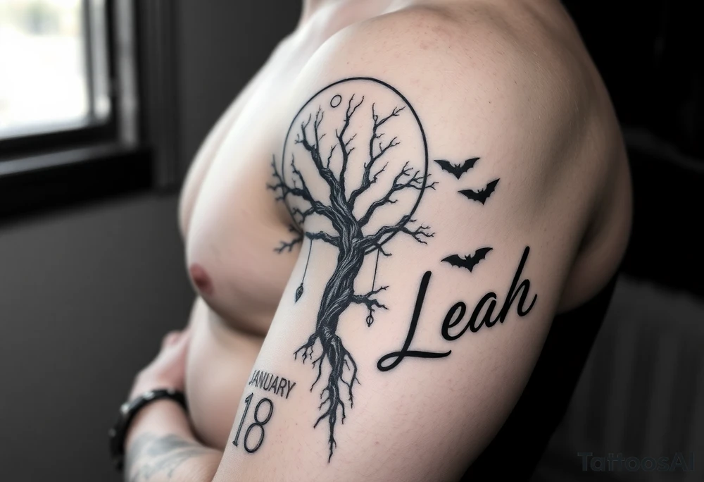 An ankh, January 18 in Roman numerals, a poison tree silhouette with a moon behind and bat silhouettes, the name Leah tattoo idea