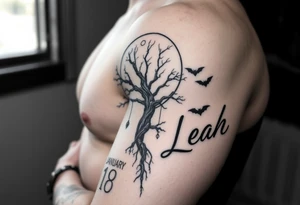 An ankh, January 18 in Roman numerals, a poison tree silhouette with a moon behind and bat silhouettes, the name Leah tattoo idea