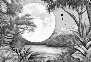 full sleeve, jungle plants, ocean, moon tattoo idea