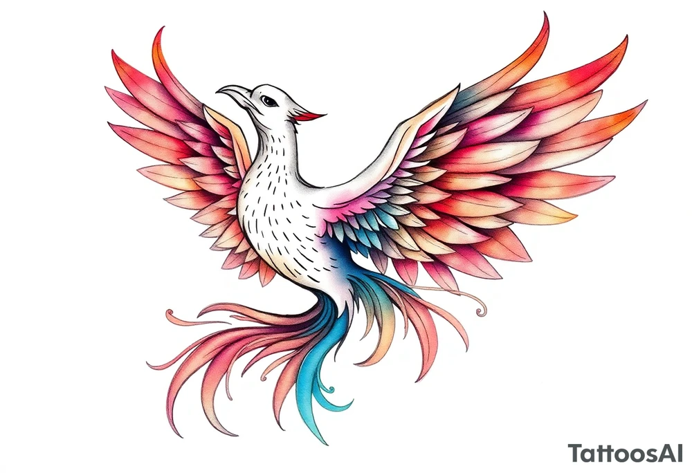 Phoenix rising with nonbinary flag colors blended in watercolor style, transparent background. tattoo idea