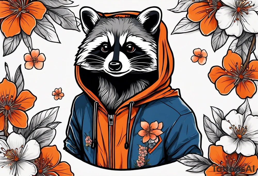 raccoon wearing a black and white Superman hoodie and orange Japanese cherry blossoms tattoo idea