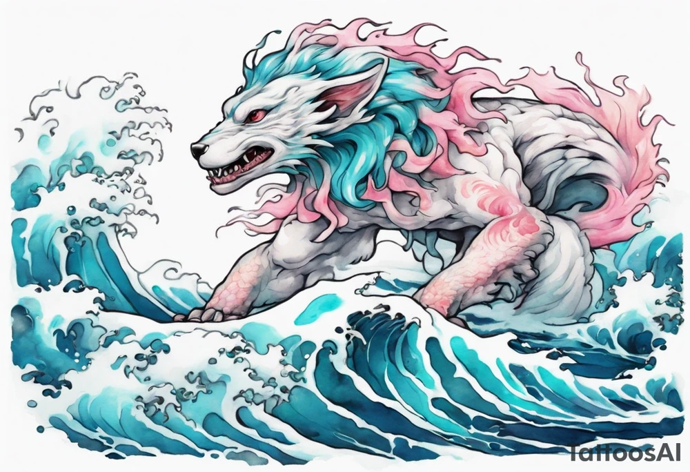 a beautiful turquoise pink and white Falkor rising from the blue waves of the ocean tattoo idea