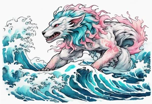 a beautiful turquoise pink and white Falkor rising from the blue waves of the ocean tattoo idea