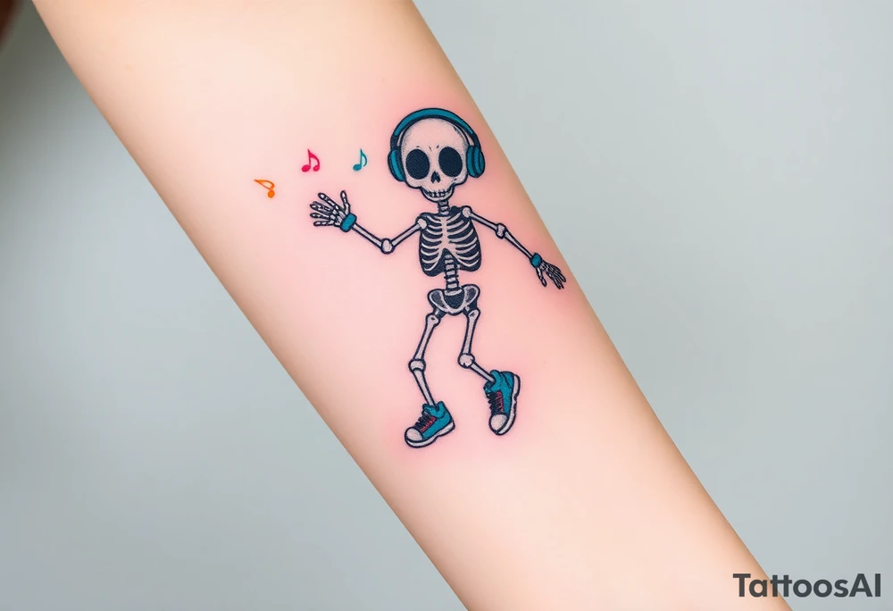 Cute skeleton with dreamy eyes jumping rope with blue headphones blue armbands blue sneakers and colorful  music notes around his head tattoo idea