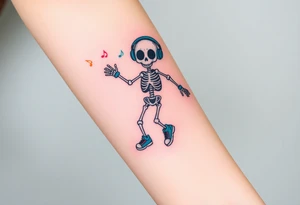 Cute skeleton with dreamy eyes jumping rope with blue headphones blue armbands blue sneakers and colorful  music notes around his head tattoo idea