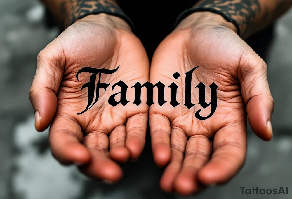 The word family in elegant black ink, held by two open hands shaded in warm sepia tones. tattoo idea