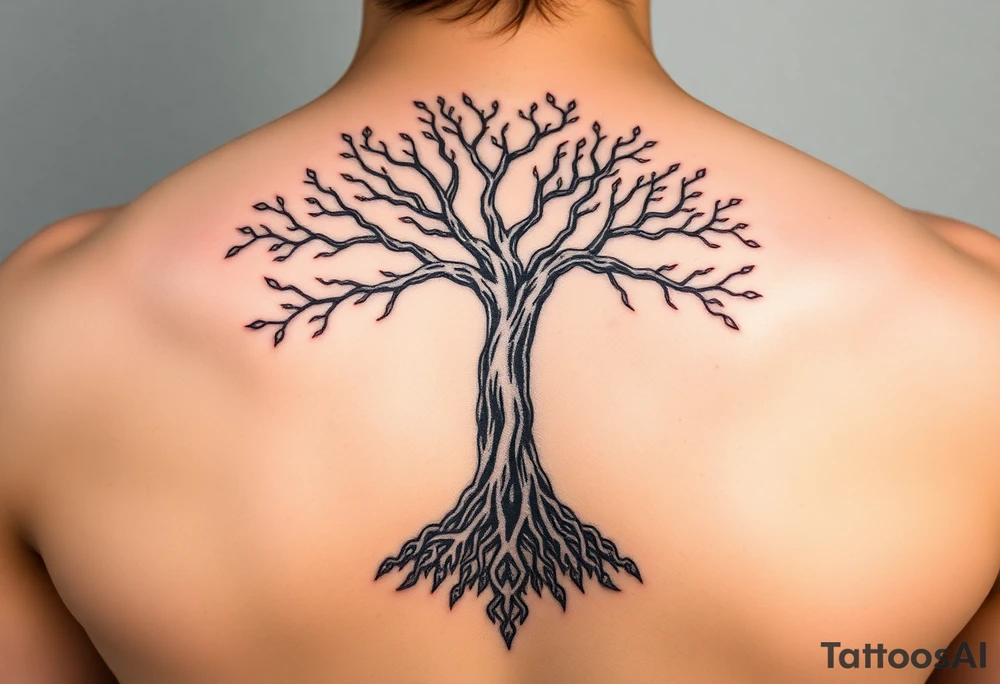 mystical tree of life with cosmic roots and celestial branches tattoo idea