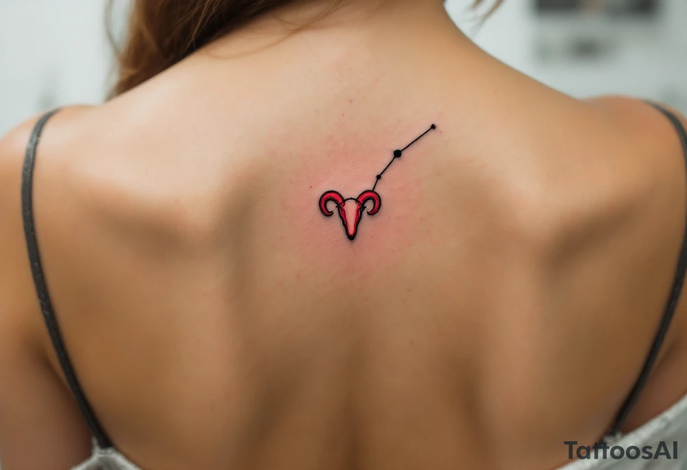 This minimalist Aries tattoo in black ink outlines the constellation with a tiny red ram symbol at its core. tattoo idea