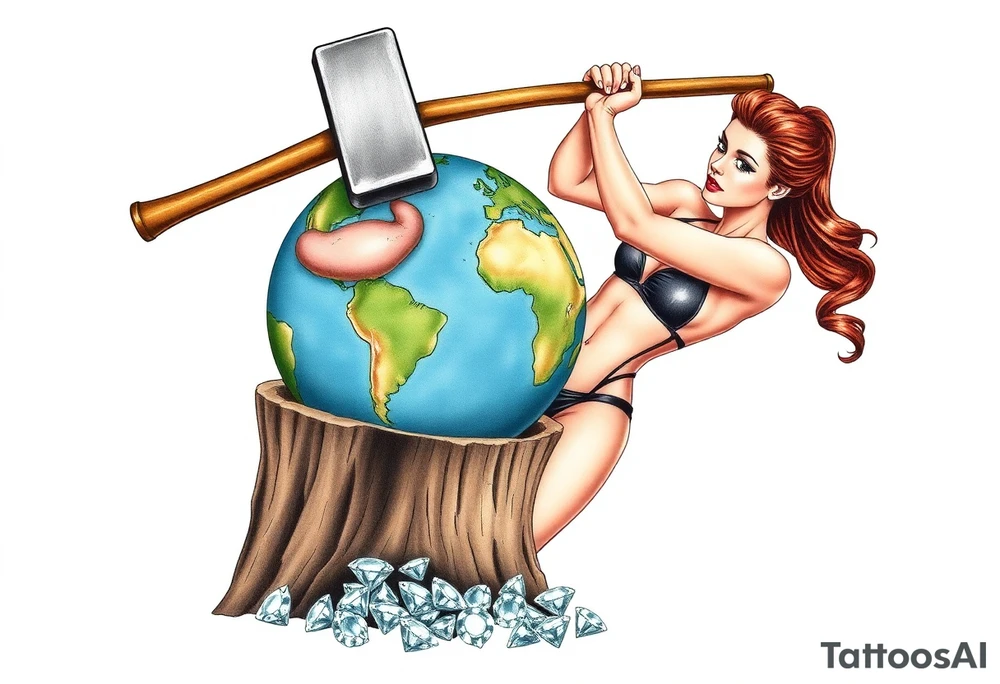 a very beautiful pin up girl, the pin up girl has her breasts nude with nipples exposed and in view, the pin up girl is wearing a g string, the pin up girl is swinging a large mallet overhead, the motion of swinging resembles an ax chopping wood, the mallet she is swinging is making contact with a earth globe, the earth globe is on top of a tree stump, the earth globe is half of the size of the diameter of the top surface of the tree stump, the earth globe is being squashed and compressed between the mallet and the trees stump, there is a pile of diamonds at the base of the tree stump, the idea is that the mallet is compressing the earth globe and the product is the diamonds that have fallen below, the idea is that the pin up girl if very beautiful, the idea is that pressure makes diamonds tattoo idea