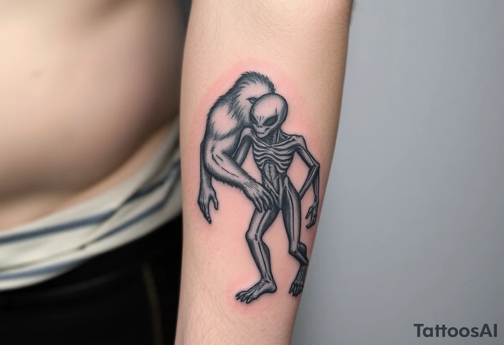 Bigfoot and a alien with arms around each other tattoo idea