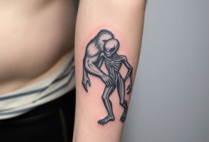 Bigfoot and a alien with arms around each other tattoo idea
