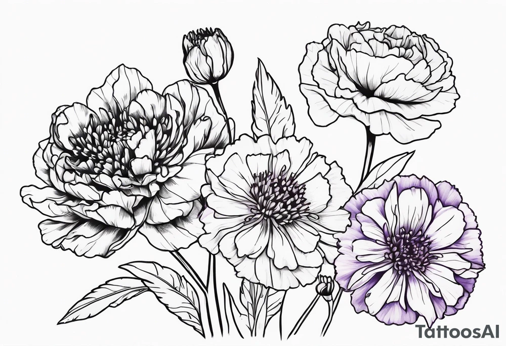 Carnation aster and violet blossom flat lay tattoo idea Carnation aster and violet blossom flat lay tattoo idea
