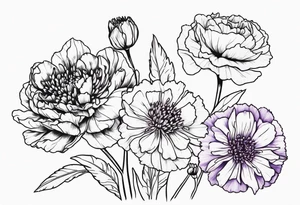 Carnation aster and violet blossom flat lay tattoo idea