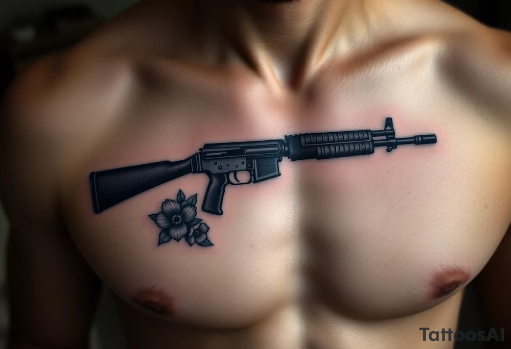 ak 47 black silhouette with floreal details tattoo idea