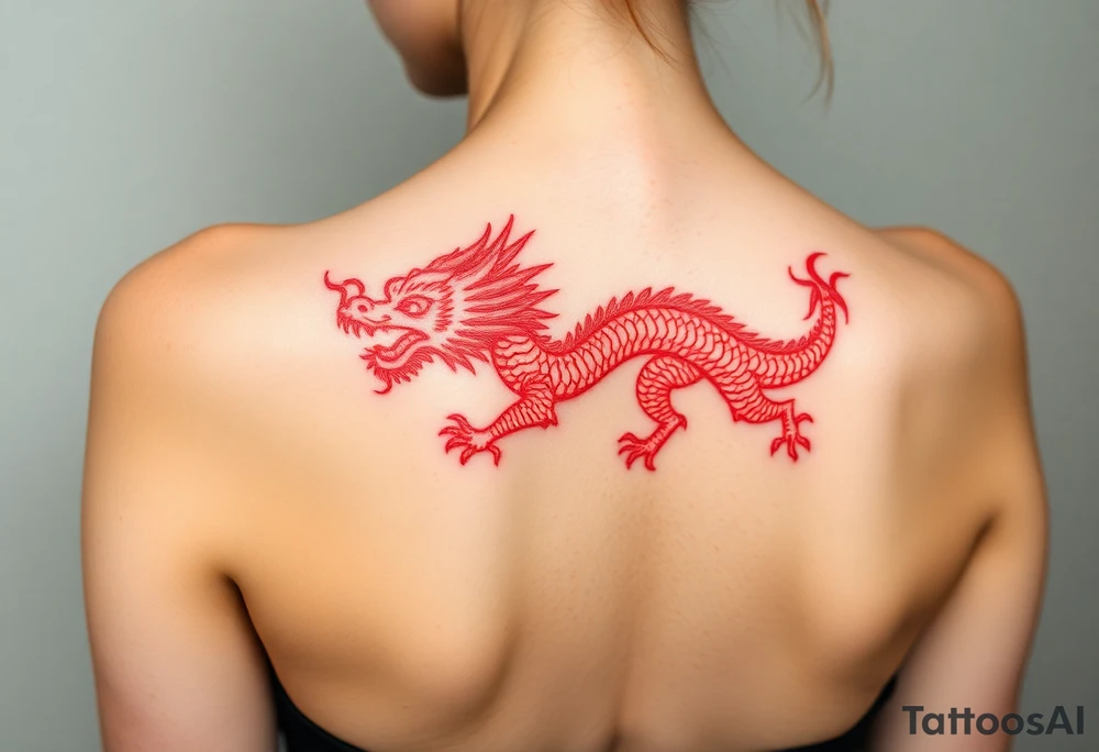 Red chinese dragon along spine tattoo idea