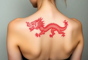 Red chinese dragon along spine tattoo idea