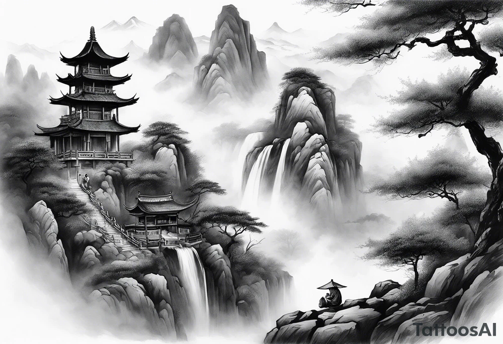 forearm sleeve traditional chinese art painting Chinese temple two old men wearing robes and drinking tea mountains mist fog waterfall tattoo idea