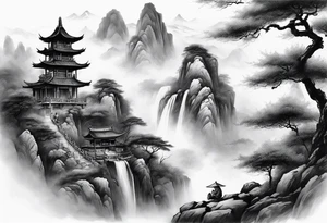forearm sleeve traditional chinese art painting Chinese temple two old men wearing robes and drinking tea mountains mist fog waterfall tattoo idea