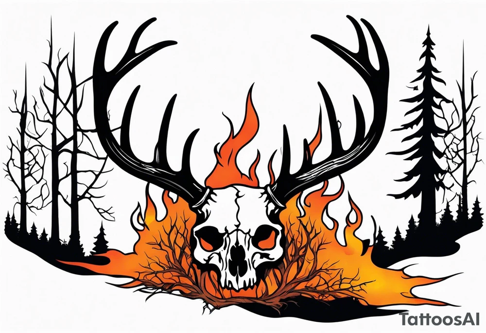 Halloween side view of a DECAYING deer skull JUST BONE surrounded by a flames and trees in background tattoo idea