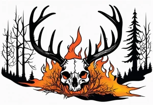 Halloween side view of a DECAYING deer skull JUST BONE surrounded by a flames and trees in background tattoo idea