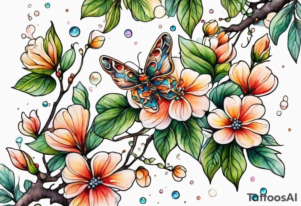 Winding branches and leaves and tiny flowers with a small moth and bubbles tattoo idea