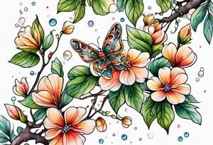 Winding branches and leaves and tiny flowers with a small moth and bubbles tattoo idea