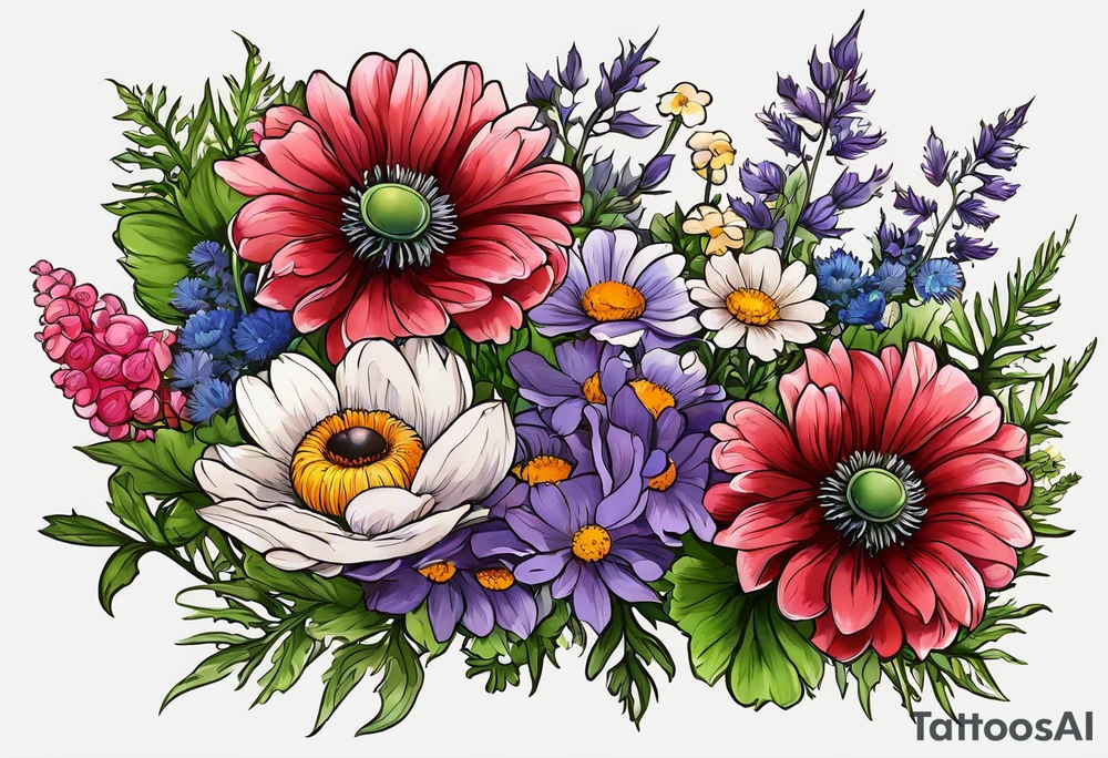 simple wildflowers with thistles, ferns, ranuculus, white anemones, sun flowers, red flowers, pink flowers, purple flowers, buttercups, babys breath, daisies, and greenery all in color tattoo idea