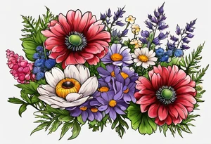 simple wildflowers with thistles, ferns, ranuculus, white anemones, sun flowers, red flowers, pink flowers, purple flowers, buttercups, babys breath, daisies, and greenery all in color tattoo idea