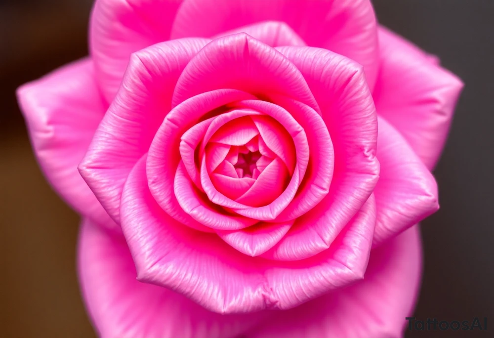 The pink rose appears as if viewed through a mesmerizing kaleidoscope, with its delicate petals radiating outward in a perfectly symmetrical, fractal-like pattern. Shades of soft blush and vibrant magenta blend seamlessly, creating a hypnotic, almost surreal visual effect that draws the eye deeper into its intricate layers. The petals seem to fold and reflect infinitely, forming geometric shapes that shift and transform, giving the rose an ethereal, dreamlike quality. tattoo idea
