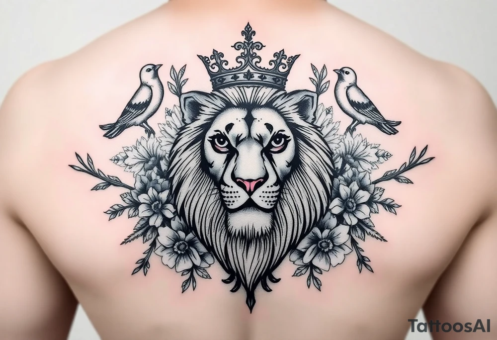 powerful majestic lion with a crown, surrounded by floral ornaments and birds tattoo idea