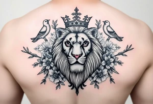 powerful majestic lion with a crown, surrounded by floral ornaments and birds tattoo idea