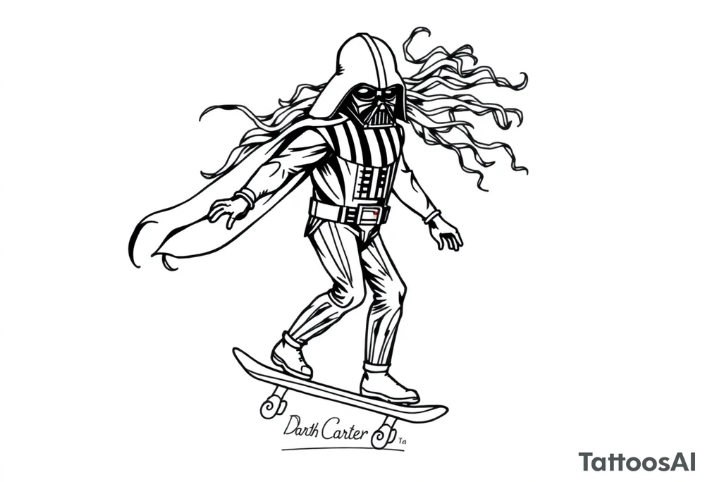 Skateboarding TALL Darth Vader with long kinky curly hair
WORDS in star wars font "Darth Carter"
12/29/88-01/06/24 tattoo idea