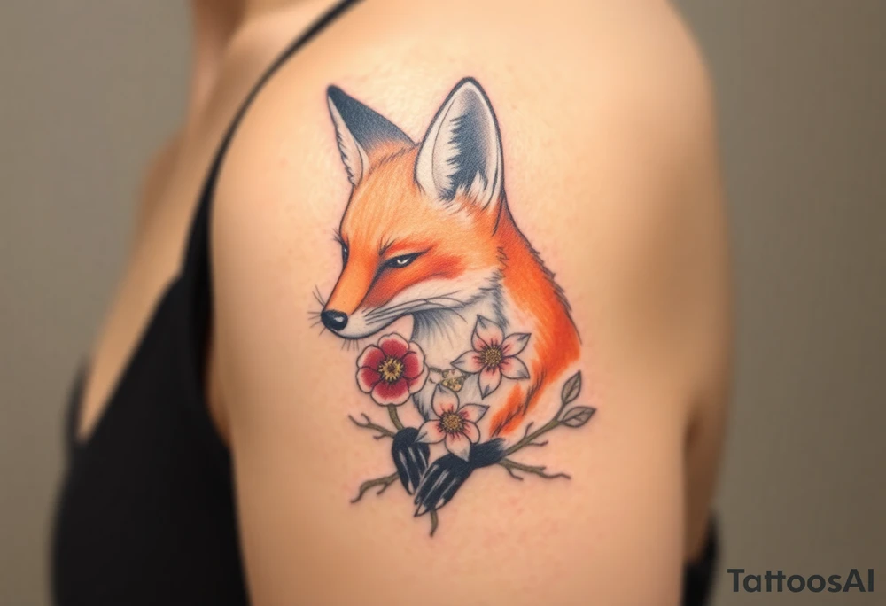 adult fox with jewelry smelling wild flowers tattoo idea