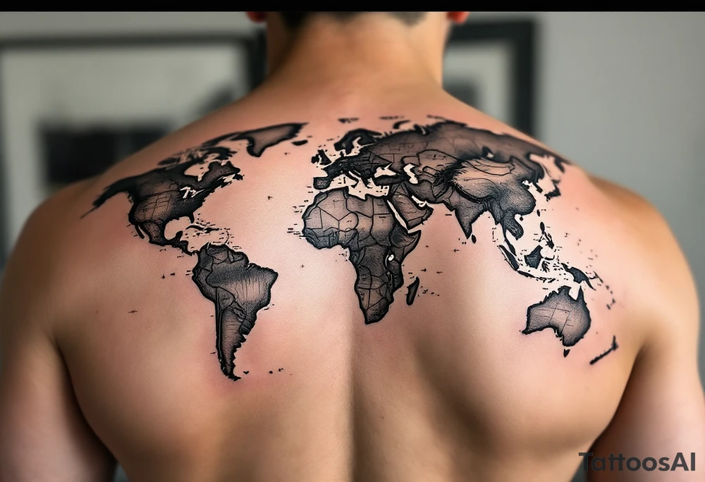 Design a full-back tattoo in a hyper-realistic style, featuring a geographical map as the central background, intricately detailed with continents, oceans, and subtle tattoo idea