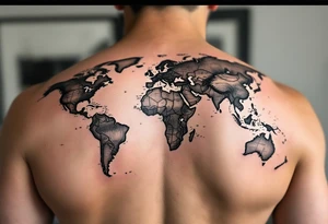 Design a full-back tattoo in a hyper-realistic style, featuring a geographical map as the central background, intricately detailed with continents, oceans, and subtle tattoo idea